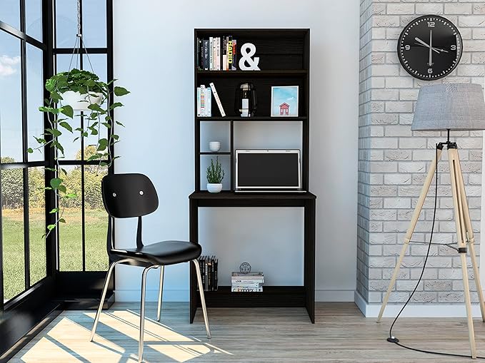 Black Desk with 4 Shelves &amp Lower Storage - Compact Home Office Workstation
