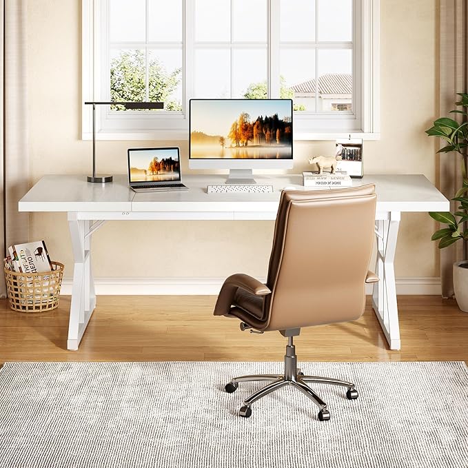LITTLE TREE 70.8-Inch Large Executive Desk Extra Long Computer Office Desk Workstation Modern Simple Style Laptop Table Sturdy Wooden Writing Workstation for Home White