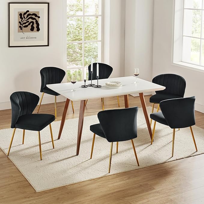 HULALA HOME Dining Chairs Set of 2 Velvet Upholstered Kitchen &amp Dining Room Chairs with Metal Legs Vanity Chair Armless Side Chairs for Living Room Bedroom Restaurant Channel Curved Backrest Bla