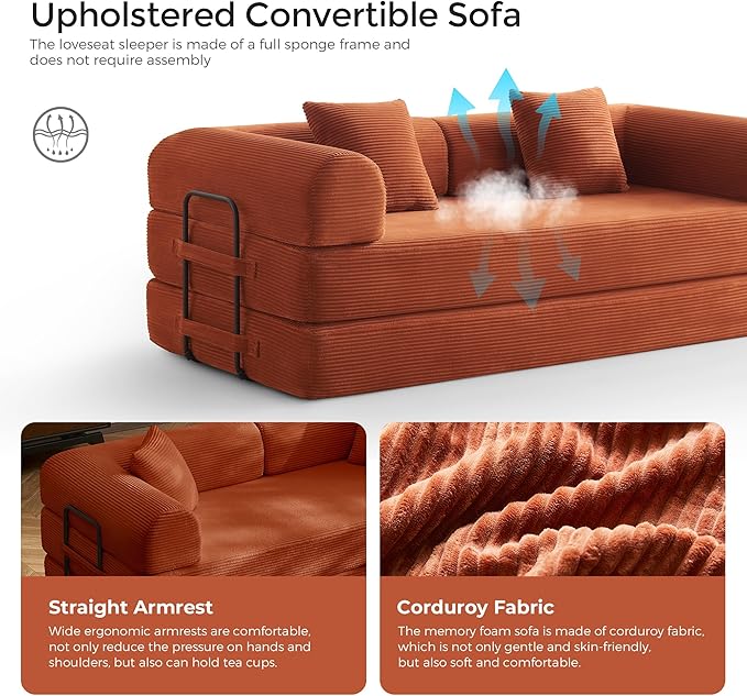 79 Convertible Sofa Bed with Fixed-Shape Frame &amp Removable Armrests Modular Corduroy Sleeper Sofa Folding Mattress Couch for Small Spaces - No Assembly Needed in Orange (Includes 2 Pillows)