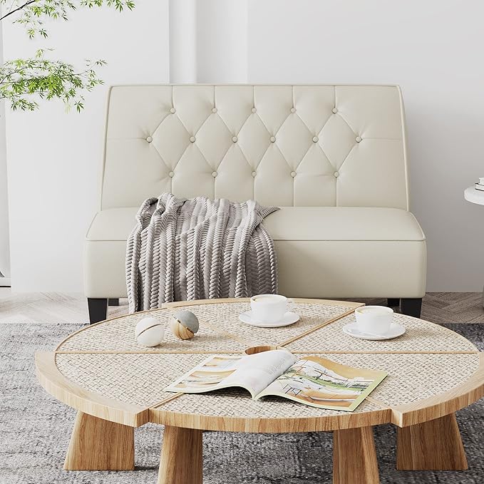 Alunaune Upholstered Loveseat Bench Couch for Bedroom Modern Anti Scratch Cushioned Armless Settee Small Love Seat Sofa Faux Leather Living Room Couch-Beige