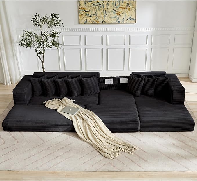 110 L-Shaped Modular Sectional Sofa with Chaise Lounge Corduroy Oversized Convertible Floor Sleeper Sofa Bed with 8 Pillows Modern Deep Seat Boneless Couches (Black 110 + Right Chaise)