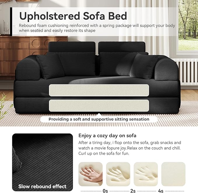 Upgrade High Backrest Design Sofa Bed with Fixed-Shape Frame &amp Removable Armrests and Backrest Corduroy Fabric Convertible Mattress Couch for Small Spaces - No Assembly Needed (High Backrest Bla