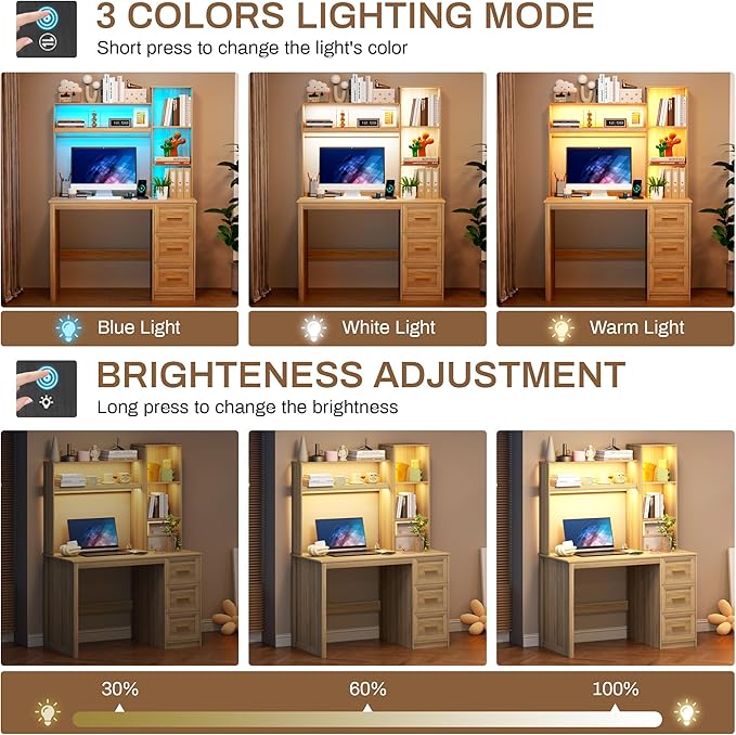 LVSOMT 40” Home Office Desk with Hutch and Drawers Computer Desk with Power Outlets and LED Light Study Writing Gaming Table with Storage Shelves Workstation for Bedroom Wood