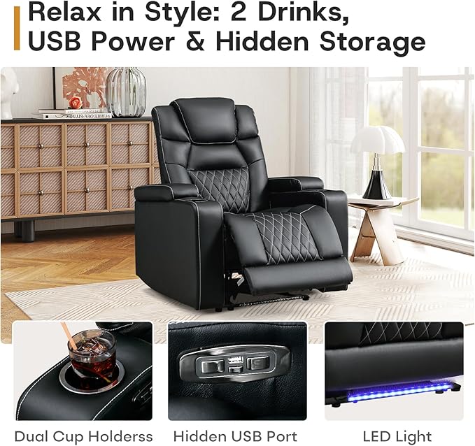 ANJ Power Recliner Chair with USB Port Electric PU Leather Home Theater Seating for Living Room Movie Reclining Chairs with Blue Ambient Lighting Hidden Arm Storage Cup Holders (Black)