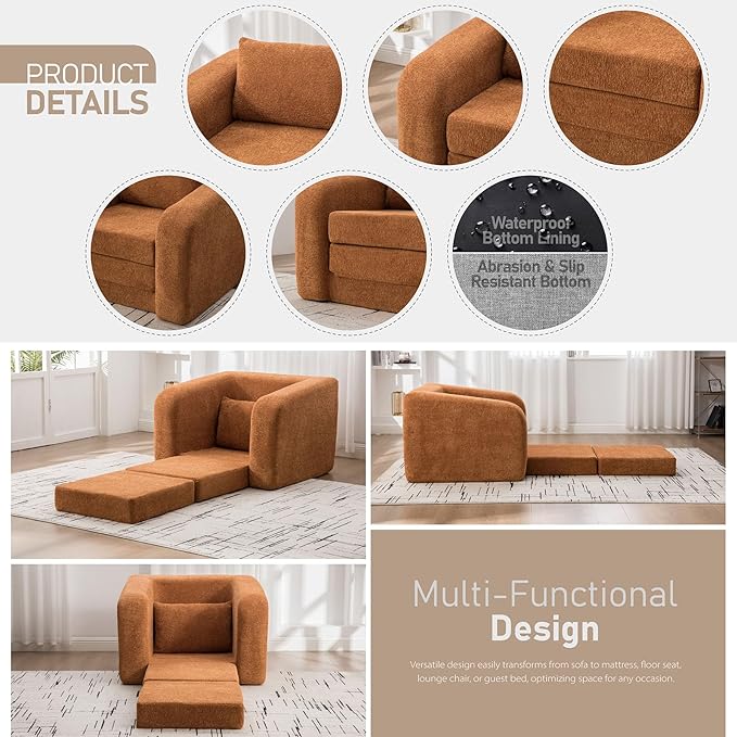 Orange Folding Sofa Bed Single - 40 Convertible Chenille Cloud Sleeper Lounge Chair with Floor Mattress &amp Pillow No Assembly Boneless Fold Out Couch for Bedroom Living Room Dorm (Orange 40 W)
