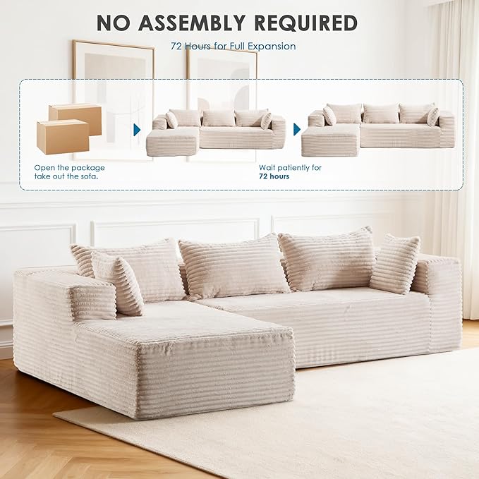 107 Cloud Couch Modular Sectional L Shaped Couch with Chaise Deep Seat Sofa Fluffy Corduroy Couches Boneless Couch for Living Room White Left Facing Chaise