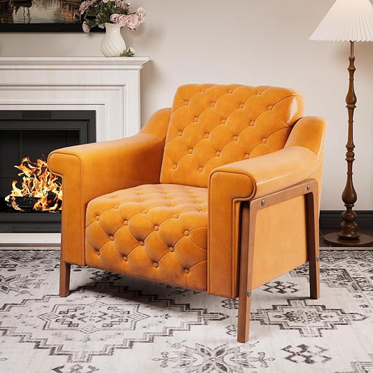 EJUNQ Cozy Accent ChairPU Leather Modern Living Room ChairsMid-Century Office Reading ChairSingle SofaArmchair for Bedroom Apartment Waiting Room(Orange)