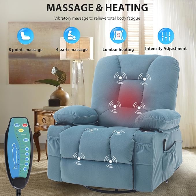 Rocker Recliner Chair with Massage and Heat Fabric Overstuffed Swivel Recliners Glider with Cup Holder Side Pocket Rocking Reclining Sofa Chair for Adults Living Room Blue