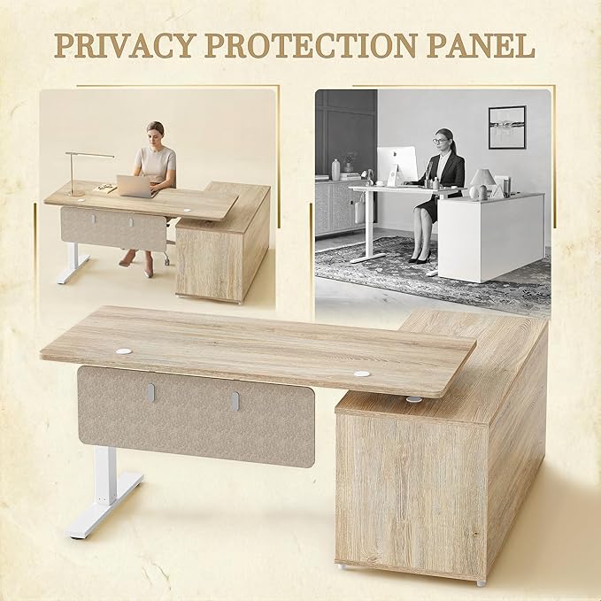 TIQLAB L Shaped Standing Desk with Privacy Protection Panel 61.4 x 47.2 Height Adjustable Corner Executive Desk with Drawers and Shelves Standing Computer Desks for Home Office Maple
