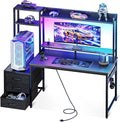 Casaottima 48 Inch Gaming Desk with Hutch &amp 3 Fabric Drawers Computer Desk with USB Ports &amp LED Lights Reversible Pc Gamer Table with Monitor Stand for Home Office Carbon Fiber Black