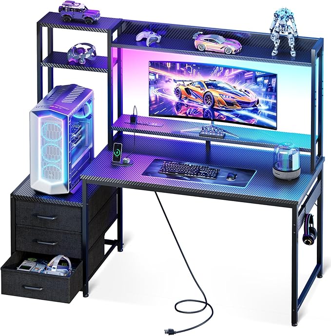 Casaottima 48 Inch Gaming Desk with Hutch &amp 3 Fabric Drawers Computer Desk with USB Ports &amp LED Lights Reversible Pc Gamer Table with Monitor Stand for Home Office Carbon Fiber Black