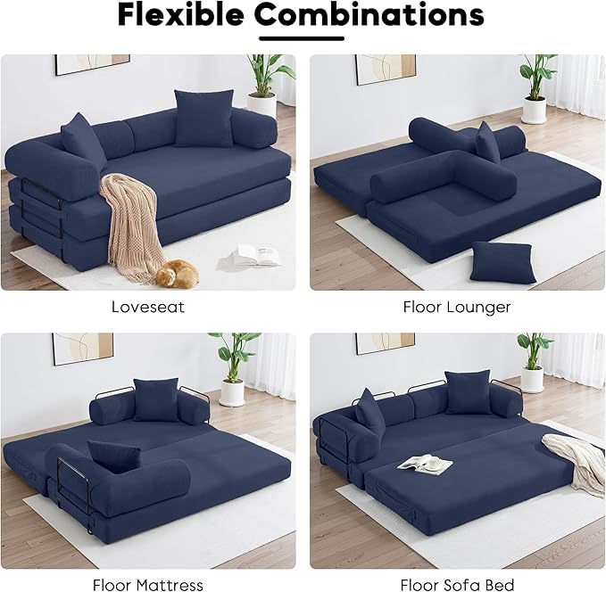 Convertible Sleeper Sofa Bed with Cylindrical Pillow Corduroy Folding Boneless Couch with Fixed-Shape Frame Floor Sofa Lounge Couch for Living Room Bedroom Lounge Studio-Blue