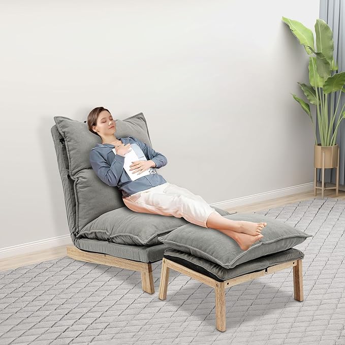 Single Lazy Leisure Chair Adjustable Recliner Balcony Reclining Japanese Tatami Chair with Ottoman Floor Seating Lounge Chair with Backrest and Footrest Upholstered Chair for Living Bedroom (Grey)