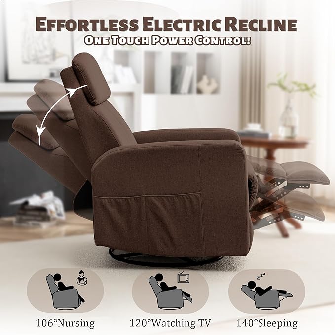 Power Swivel Recliner Chairs for Adults Electric Glider Rocking Chair Nursery Glider Recliner Nursery Chair with Classified Side Pocket Nursery Rocking Chairs with USB and Type-C Ports