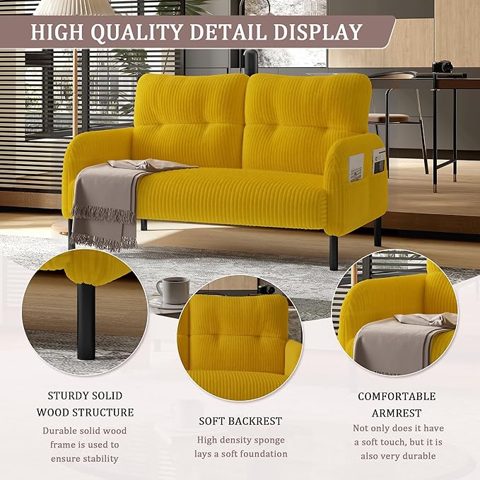47 Loveseat Sofa Small Couches for Small Spaces Comfy Corduroy Solid Wood Frame Modern Deep Seat 2 Seater Couch with Side Pockets for Bedroom Living Room Apartment Office (Yellow)