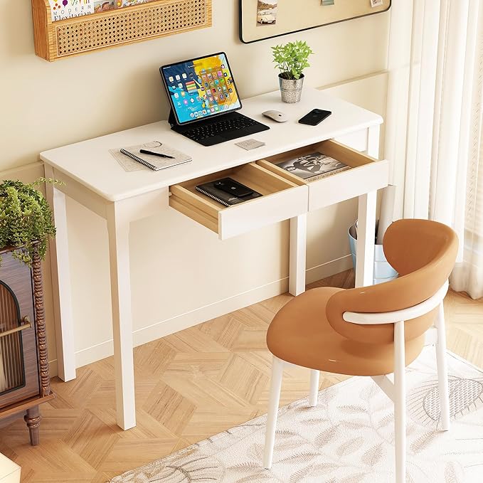 Wood Desk with Drawers - Solid Wood Mid Century Modern Desks for Bedroom Small Computer Desk for PC Laptop Study Makeup 39.4 W x 29.5 H x 15.75 D in White