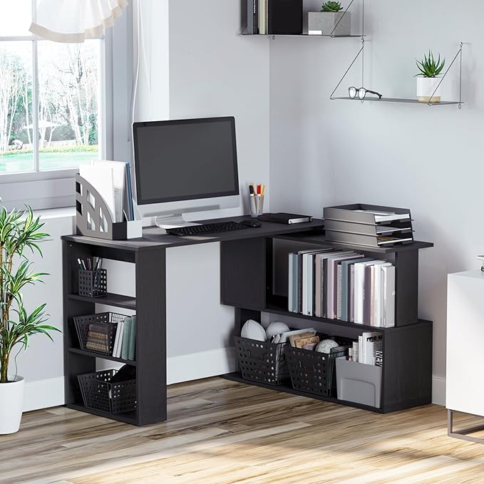L Shaped Corner Desk 360 Degree Rotating Home Office Desk with Storage Shelves Writing Table Workstation Black
