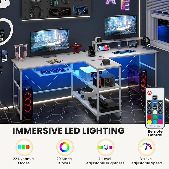 Tangkula 2-Person Reversible Computer Desk with LED Lights 94.5” Long Office Desk with Power Outlets Monitor Stand Keyboard Tray &amp 2 Storage Shelves Double Desk for Gaming Working Writing (Whi