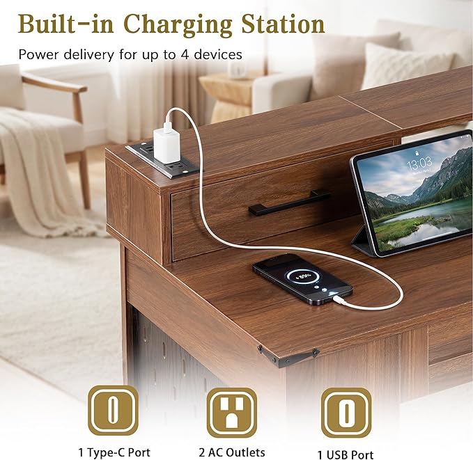 55 Farmhouse Home Office Executive Computer Desk with Drawers Charging Station and Monitor Stand Large Ergonomic Writing Gaming Desk Table with Kyboard Peg Board Storgae Cabinet(Walnut)