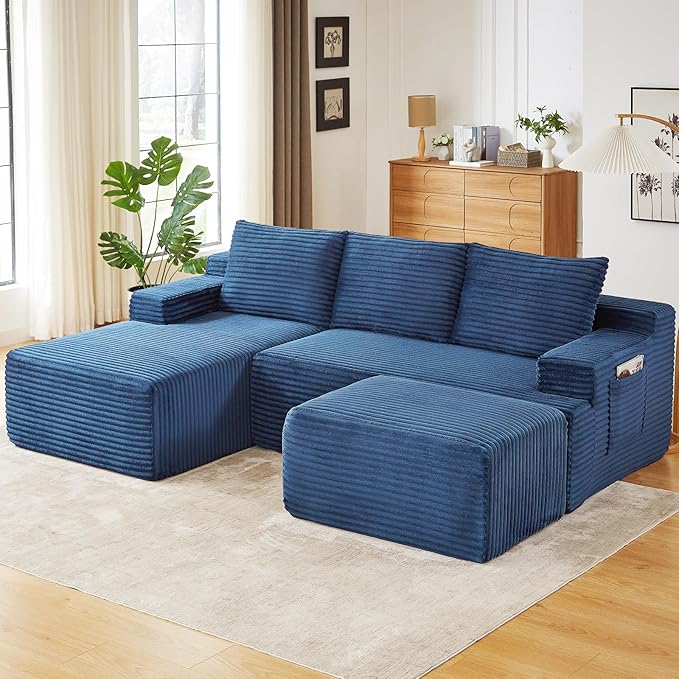 96 Cloud Sectional Couch with U-Shaped Chaise Corduroy Sectional Sofa with Ottoman Deep Seat Boneless Couch with Side Pocket for Living Room No Assembly Required (Blue Left Facing Chaise)