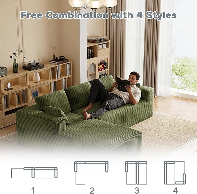 106 Corduroy Sectional Couch Boneless L Shaped Couch with Deep Seat Cloud Foam Sofa with Oversized Chaise Sectional Sofa No Assembly Needed for Living Room