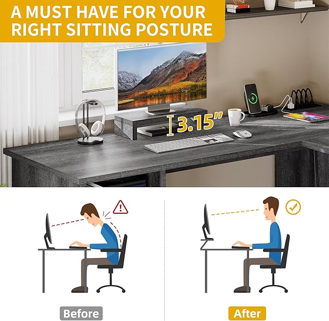 DWVO L Shaped Desk with File Drawer 60 Corner Computer Desk with Power Outlets Home Office Desk with Monitor Stand &amp Storage Shelves &amp File Cabinet Grey