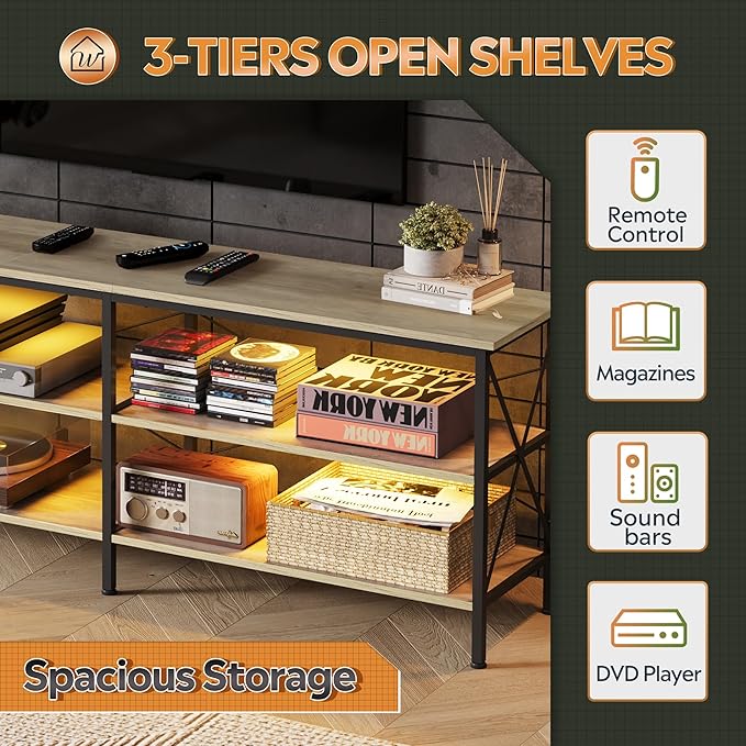 WLIVE TV Stand up to 70 Inch TV 63 Entertainment Center with LED TV Media Console with 3-Tier Storage Shelves for Living Room and Bedroom Greige