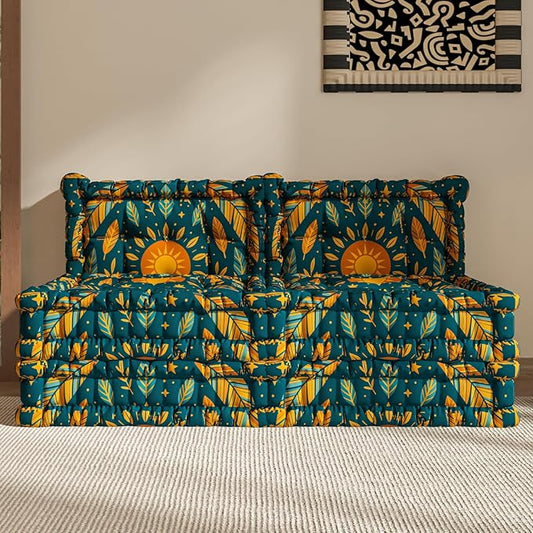 WOWMAX Floor Sofa Couch Boho – Convertible Lazy Sofa Chair Futon Sleeper with Backrest Oversized Floor Mattress for Gaming Meditation Bohemian Home Decor &amp Reading – 2 Sets Indian Garden