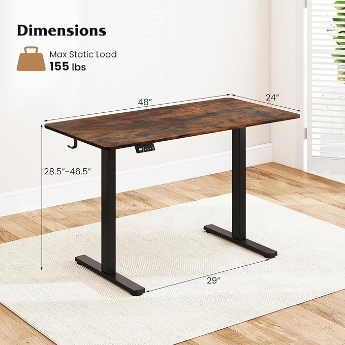 Giantex Electric Standing Desk 48 x 24 Height Adjustable Sit Stand Computer Workstation with 2 Memory Heights Headphone Hook Anti-Collision Design Home Office Computer Desk (Rustic Brown+Black)