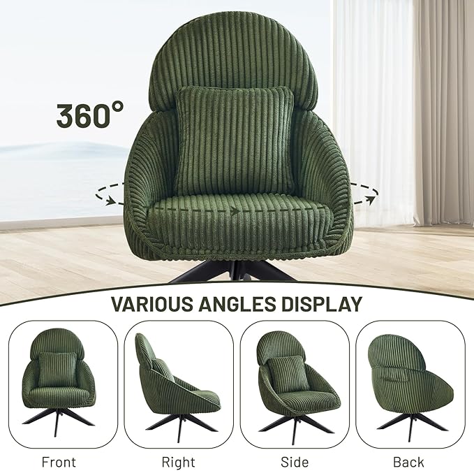 Furniliving Upholstered Swivel Accent Chair for Living Room Modern Armchair Side Chair with Headrest Bedroom Chair with Metal Legs Comfy Sofa Chairs with Pillow Large Corduroy Green