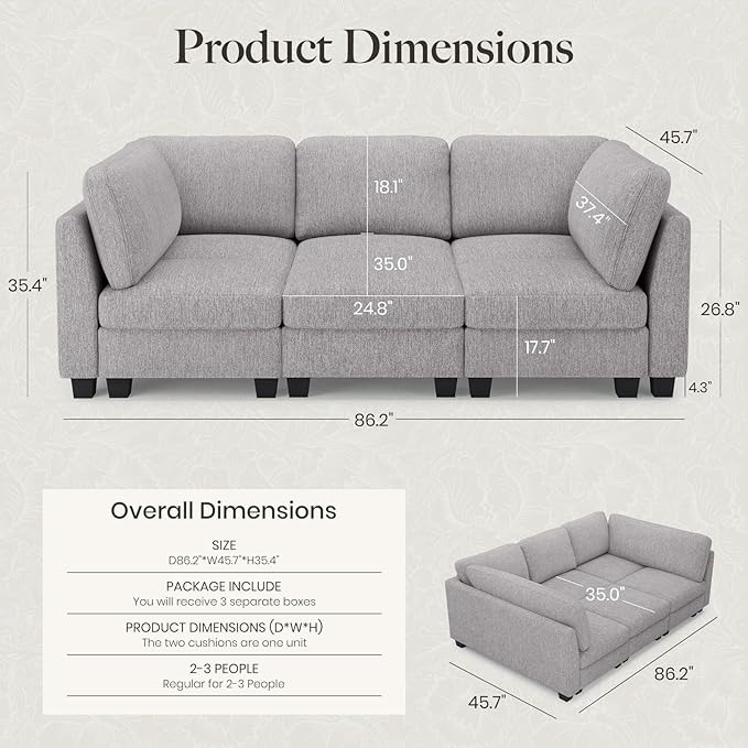 Belffin 86.2 Sectional Sleeper SofaOversized Sectional Couch Wide Deep Seat Sofa BedModular Sectional Couches for Living RoomApartment and BedroomLight Grey