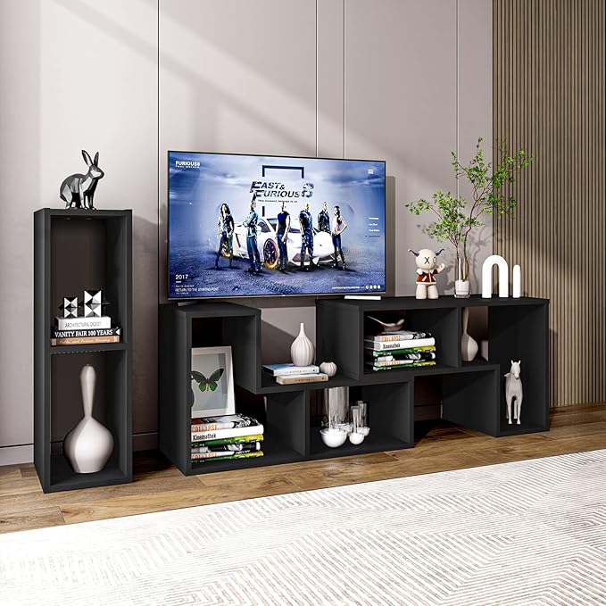 Tangkula 3 Pieces Console TV Stand Free-Combination Entertainment Center for 50 55 60 65 Inch TV Minimalist Modern TV Media Stand DIY Open Storage Bookcase Shelf for Living Room (Black)
