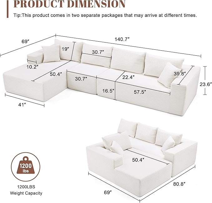 140” Cloud Sectional Couch Modular Sectional Sofa with Deep Seat Boneless Sofa for Living Room Fluffy Comfy L-Shaped Couch with Left Facing Chaise No Assembly Required Beige