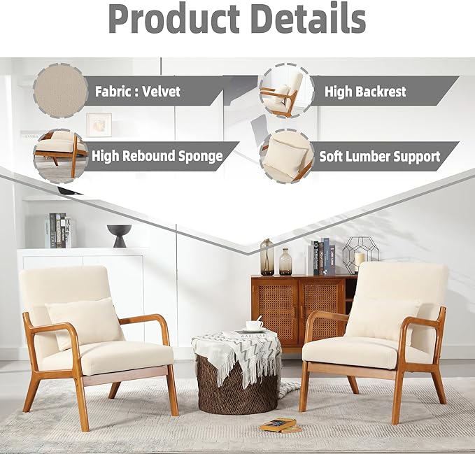 Modern Accent Chair Solid Wood Padding Lounge Armchairs with One Pillow for Living Room Bedroom Guest Room (Beige)