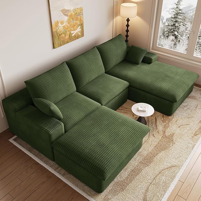 107 Cloud Modular Sectional Sofa with 1 Ottoman Deep Seat Boneless Couch Modern Upholstered Corduroy Couches Comfort U Shaped Sofa for Living Room No Assembly Required(GreenRight Facing Chaise)
