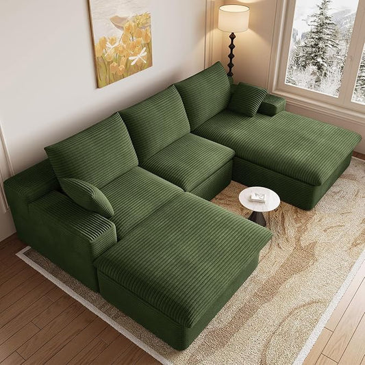 107 Cloud Modular Sectional Sofa with 1 Ottoman Deep Seat Boneless Couch Modern Upholstered Corduroy Couches Comfort U Shaped Sofa for Living Room No Assembly Required(GreenRight Facing Chaise)