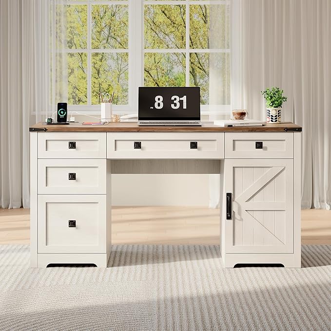 61 Farmhouse Executive Desk with Drawers Wood Home Office Desk with File Cabinet Charging Station and Storage Cabinet Computer Desk Workstation for Work and Study Antique White