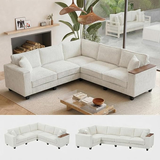 Corduroy Couch Sectional with 2 Pillows Oversized Corduroy Sofa L Shaped Couch Armrests with Two Hidden Storage Space Sectional Couches for Living Room Beige
