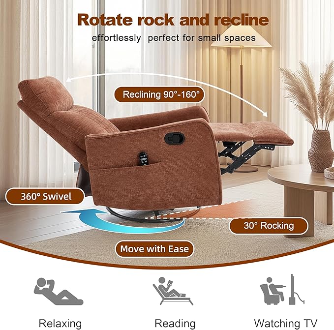 Casaphoria 360° Swivel Rocking Recliner Chair with Heat and Massage Upholstered Fabric Nursery Glider with Side Pocket for Living RoomBedroomHome Theater and RV Small Space(Orange)