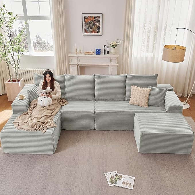 135 L-Shape Sofa with Ottoman Modern Modular Sectional Comfy U-Shape Cloud Couch Deep Seat Upholstered Corduroy Sleeper Chaise Longue for Living Room Bedroom No Assembly Required Grey