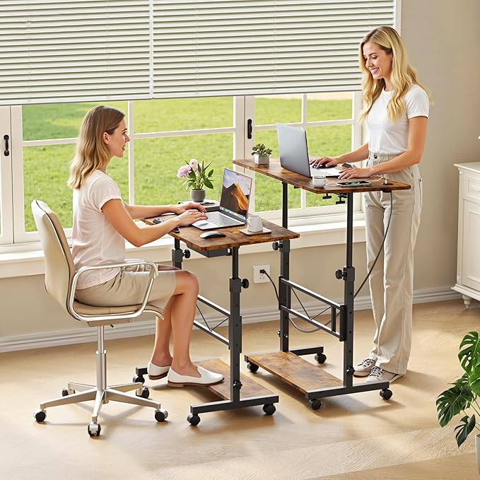 Portable Rolling Standing Desk 32 Inch Adjustable Height Mobile Stand Up Desks with Wheels Small Computer Desks Rolling Desk for Bedroom Walking Pad Teacher Podium Couch Sofa Side Table Rustic