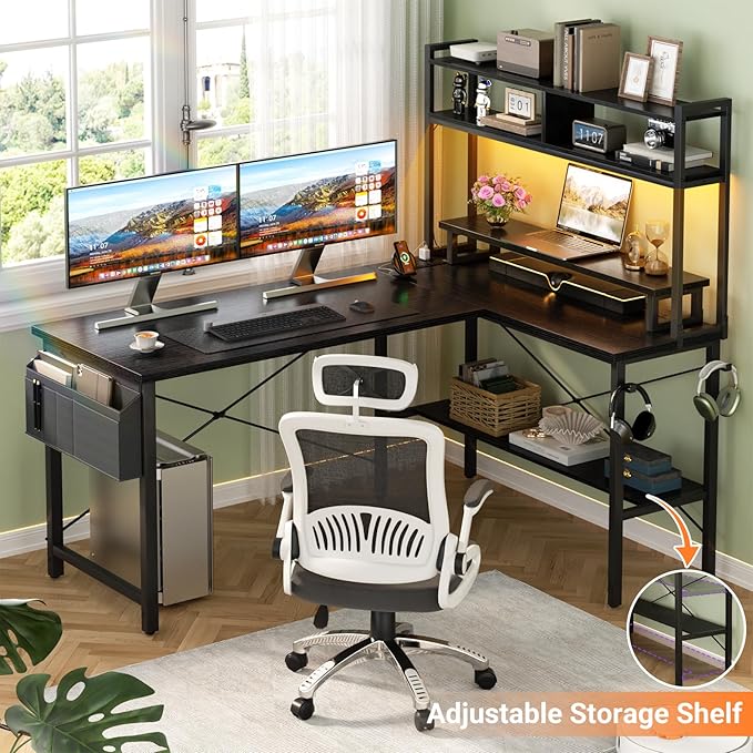 Aheaplus L Shaped Gaming Desk with Power Outlets &amp LED Lights Small L- Shaped Desk Computer Corner Desk with Monitor Stand &amp Storage Shelf Home Office Desk Writing Desk with Storage Bag Bla