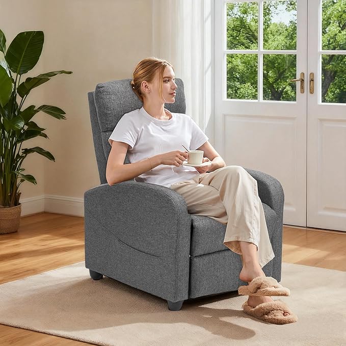Sweetcrispy Recliner Chair Fabric Recliner Sofa No Massage Home Theater Seating with Lumbar Support Adjustable Push Back Overstuffed High-Density Sponge Reclining for Living Room Grey