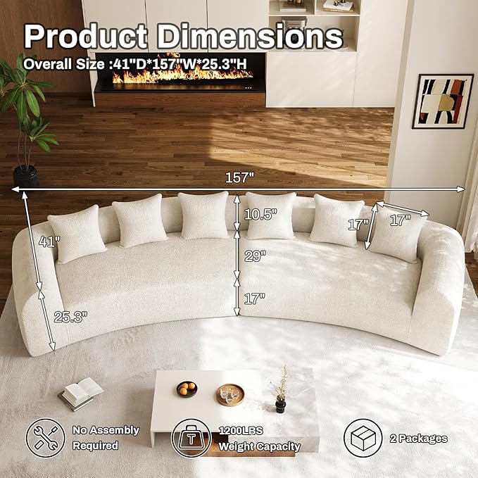 157 Oversized Curved Sectional Sofa Cloud Comfort Design with Wide Armrests Premium Chenille High-Density Foam Modern Curved Couch for Living Room with 6 Pillows No Assembly Beige