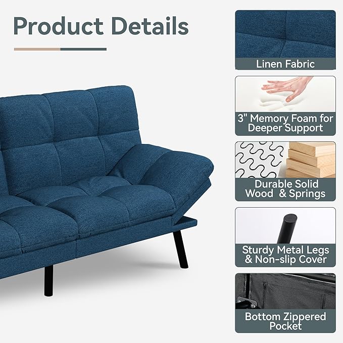 Futon Sofa Bed Convertible Couch Blue Linen Sofa Bed with Memory Foam Adjustable Backrest &amp Armrests Multifunctional Small Loveseat Sleeper Sofa for Living Room Apartment Office