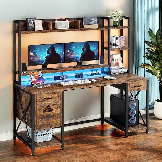 YITAHOME Computer Desk with Hutch &amp Drawers 59 Office Desk with Power Outlets Gaming Desk with LED Lights and Storage Shelves Rustic Brown