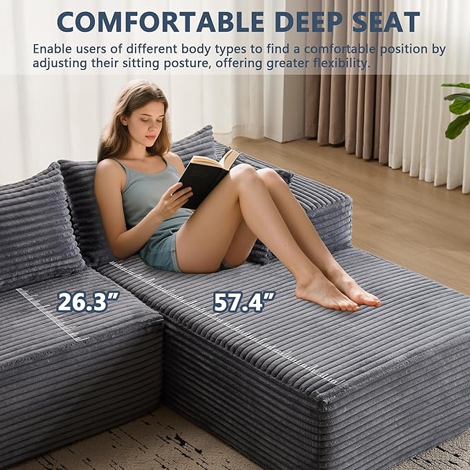 107 Modular Sectional Couch with L-Shape ChaiseBoneless Sofa for Living RoomModern Cloud Couch with Deep SeatNo Assembly RequiredLovesetGrey(Right Facing Chaise)