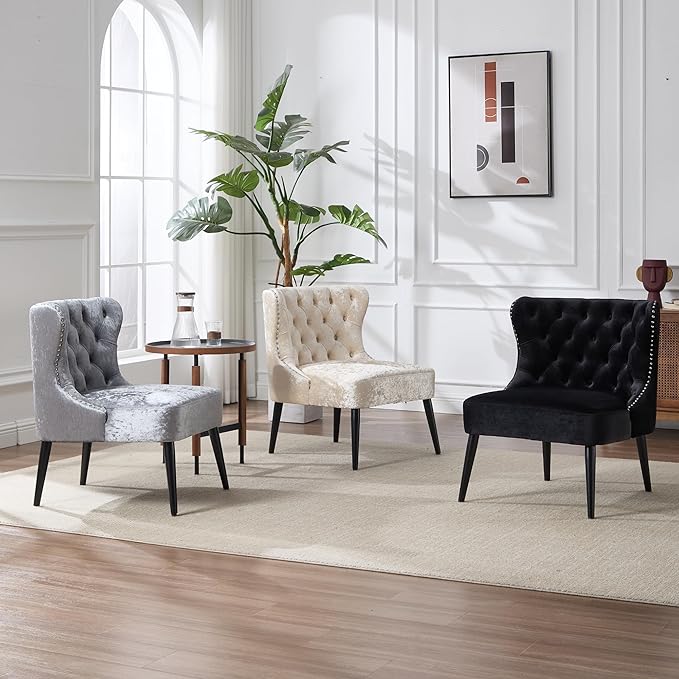 Mid Century Accent Chairs Set of 2 Upholstered Wingback Tufted Velvet Living Room Chair with Black Wood Legs Comfy Side Corner Chair for Small Spaces Bedroom Waiting Room Cafe Beige
