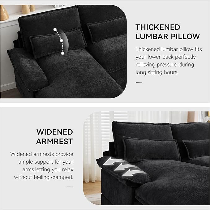 125 U Shaped Cloud Modular Sectional Couch for Living Room Small Comfy Chenille Sofa with Double Chaise Lounge Storage Central Console Cup Holders USB PortBlack